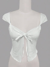 Women's Summer Solid Color Sweetheart Neckline Tie Front Short Sleeve Top